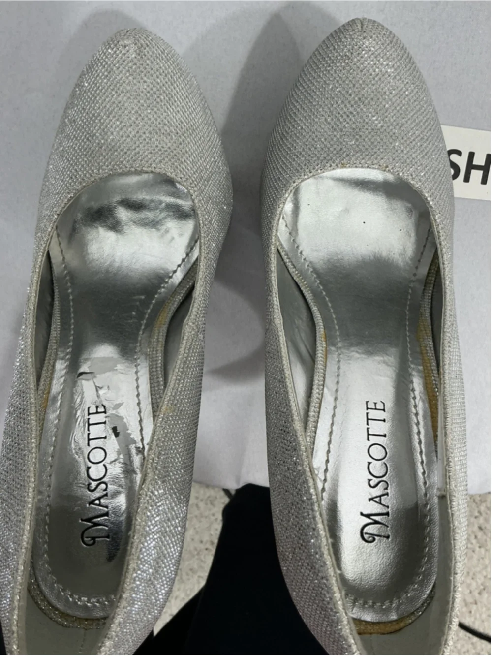 Womans Mascotte Linda Size 9 Silver Sparkly Slip On Platform Stiletto Pumps